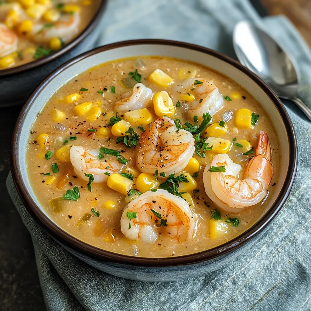 A bowl of shrimp and corn soup.