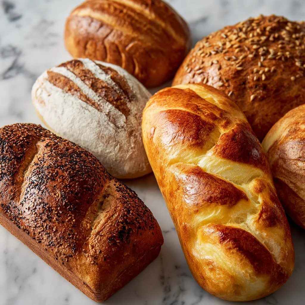 A variety of breads are displayed on a table.