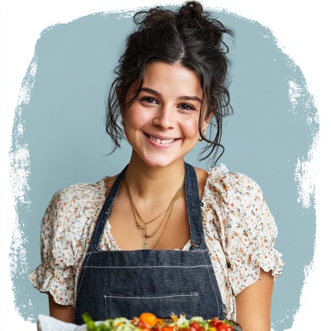 A woman wearing an apron and smiling while holding a plate of food.